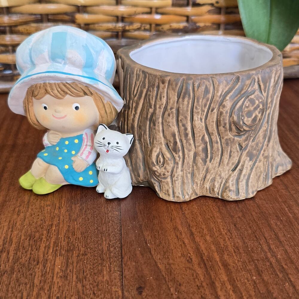 Vintage Napco Planter Girl With Bonnet Kitty By Tree Kitschy 70s Prairie Country
